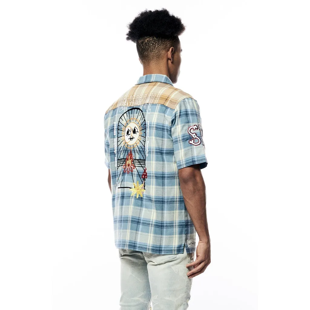 Plaid Color Block Graphic Shirt - Blue Plaid