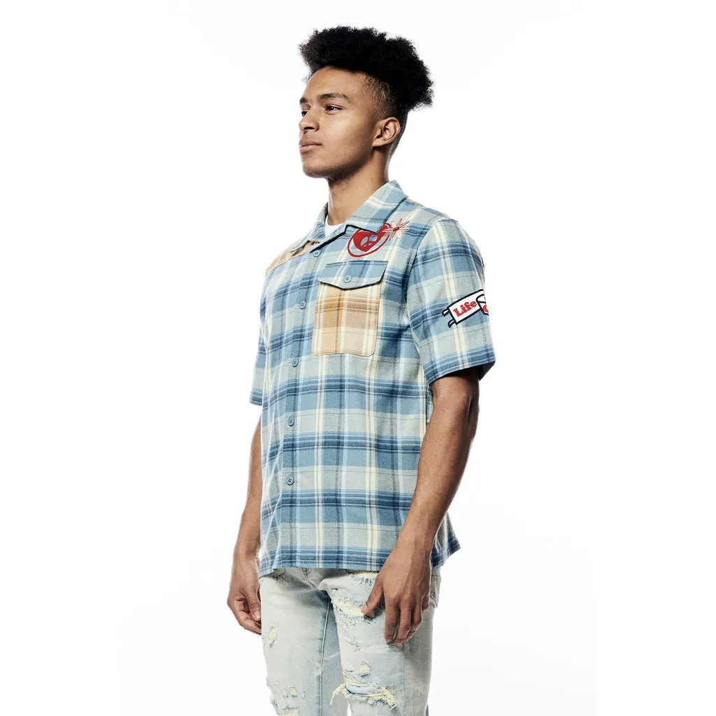 Plaid Color Block Graphic Shirt - Blue Plaid