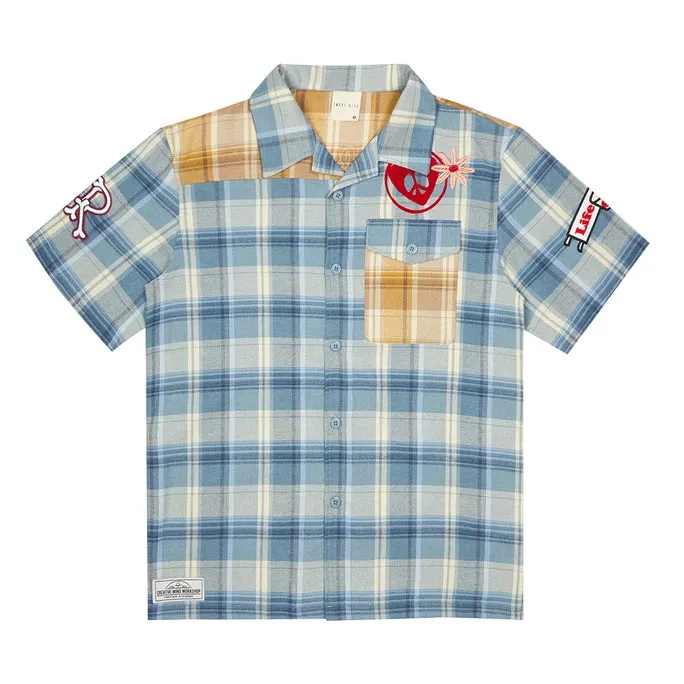 Plaid Color Block Graphic Shirt - Blue Plaid