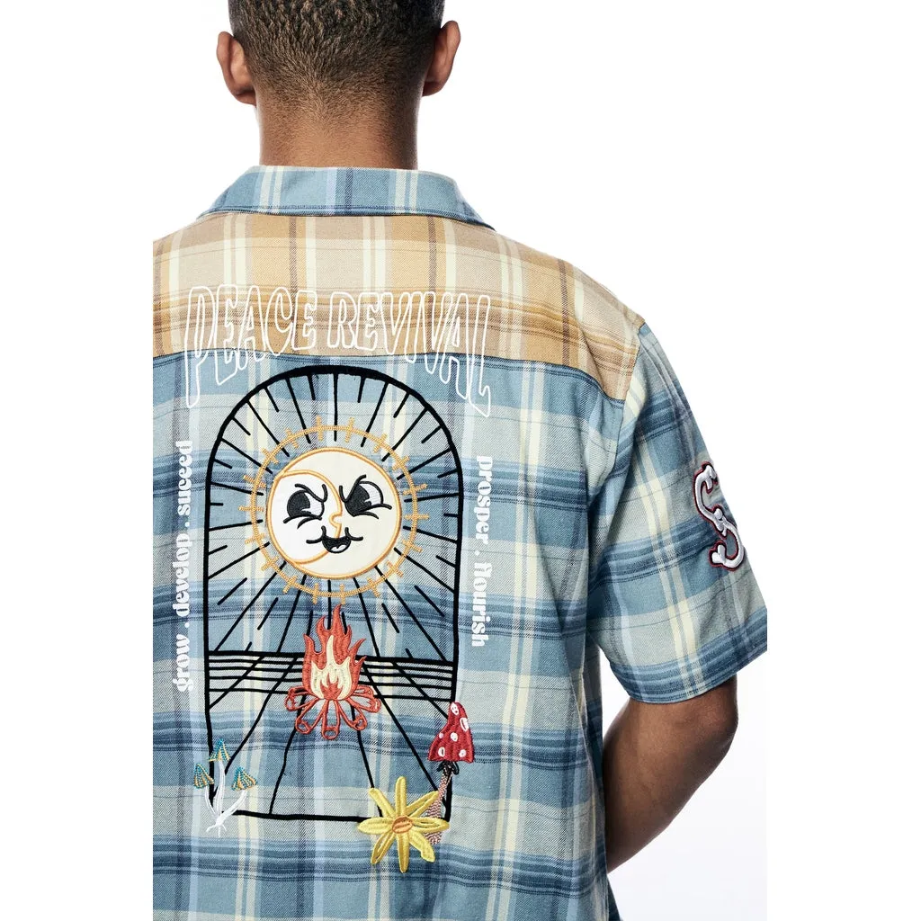 Plaid Color Block Graphic Shirt - Blue Plaid