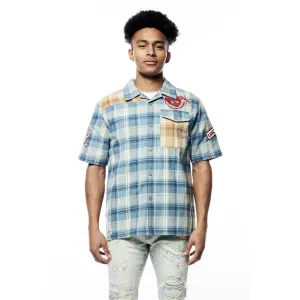 Plaid Color Block Graphic Shirt - Blue Plaid