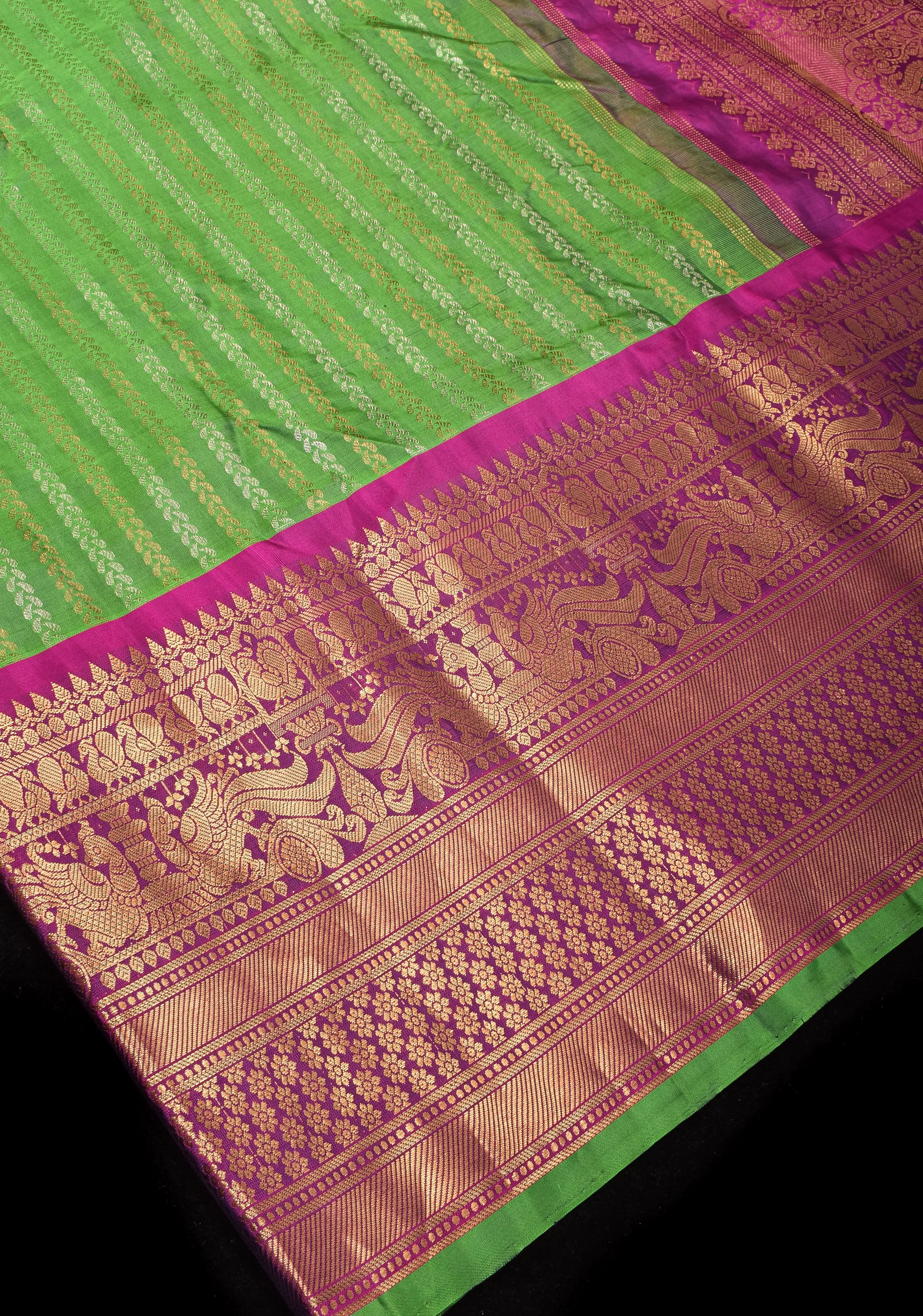 Pure Gadwal Silk Saree in Grass Green with Ornate Zari Stripes in two tone Zari with 12' zari border | SILK MARK CERTIFIED