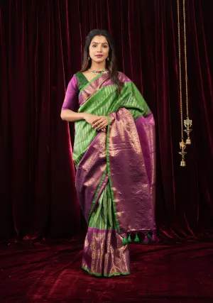 Pure Gadwal Silk Saree in Grass Green with Ornate Zari Stripes in two tone Zari with 12' zari border | SILK MARK CERTIFIED