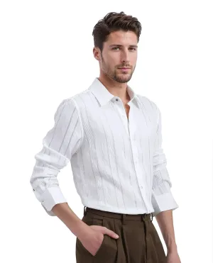 Rare Rabbit Men Benon White Viscose Nylon Fabric Full Sleeves Regular Fit Textured Stripe Shirt