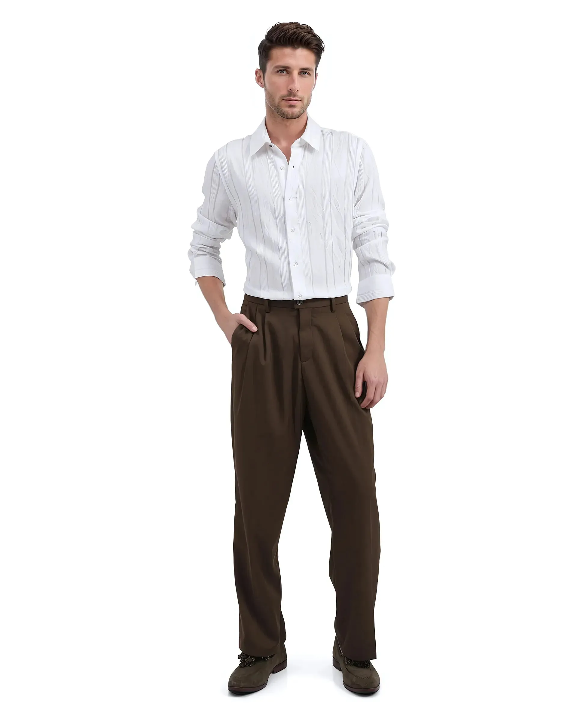 Rare Rabbit Men Benon White Viscose Nylon Fabric Full Sleeves Regular Fit Textured Stripe Shirt