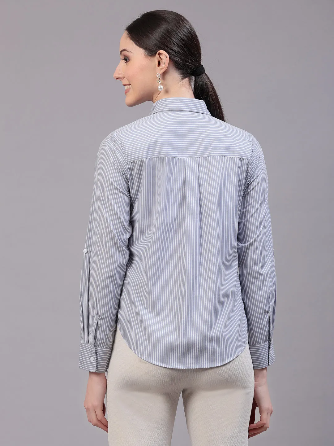Style Quotients Women Gray And White Cotton Stripe Smart Casual Shirt