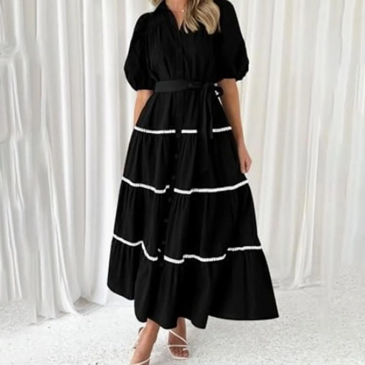 Summer Dresses for Women 2024 Womens Button Down Shirt Dress Short Puffy Sleeve Tiered Ruffle Flowy Long Maxi Dresses