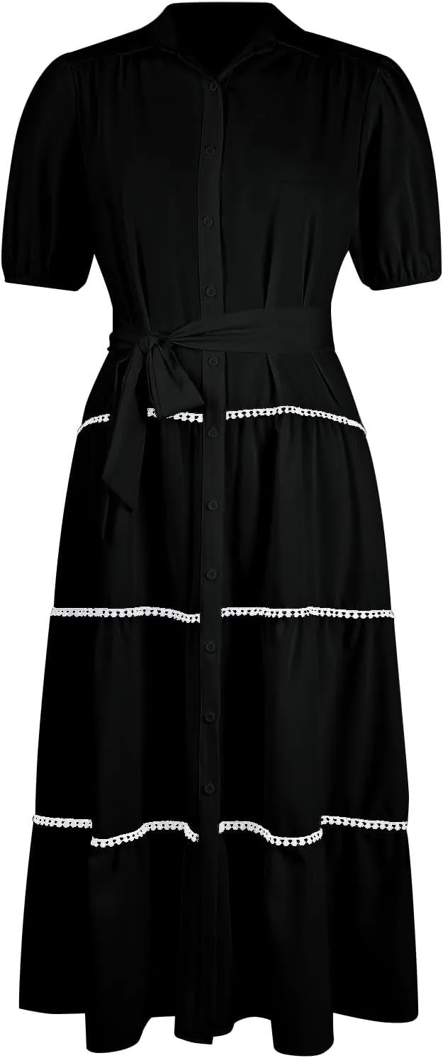 Summer Dresses for Women 2024 Womens Button Down Shirt Dress Short Puffy Sleeve Tiered Ruffle Flowy Long Maxi Dresses