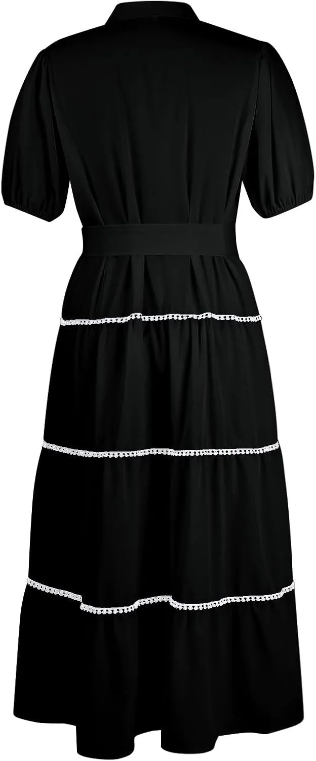 Summer Dresses for Women 2024 Womens Button Down Shirt Dress Short Puffy Sleeve Tiered Ruffle Flowy Long Maxi Dresses