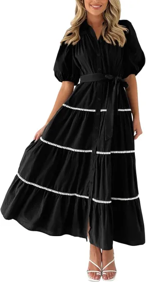 Summer Dresses for Women 2024 Womens Button Down Shirt Dress Short Puffy Sleeve Tiered Ruffle Flowy Long Maxi Dresses