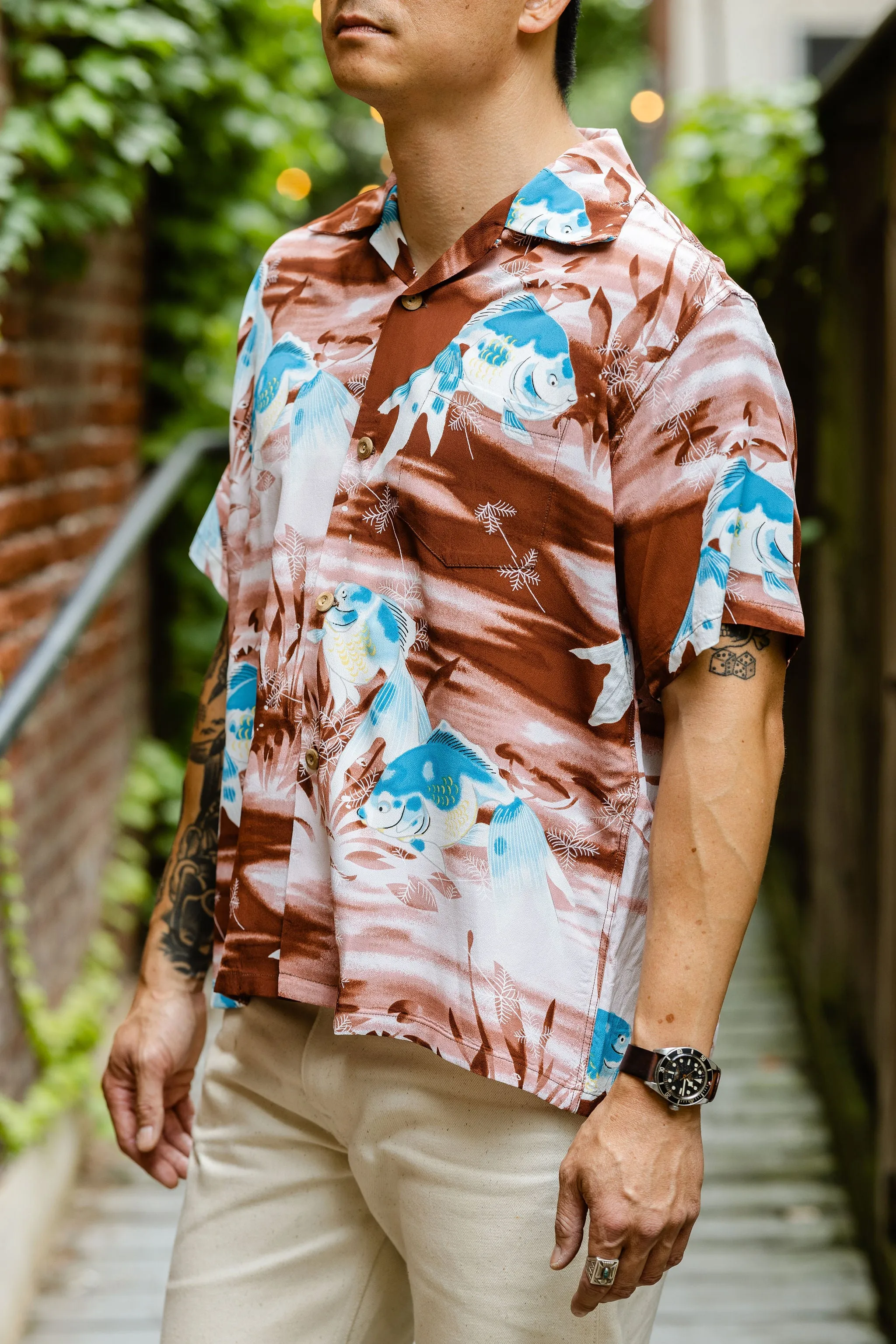 Sun Surf Goldfish S/S Rayon Hawaiian Shirt - Brown