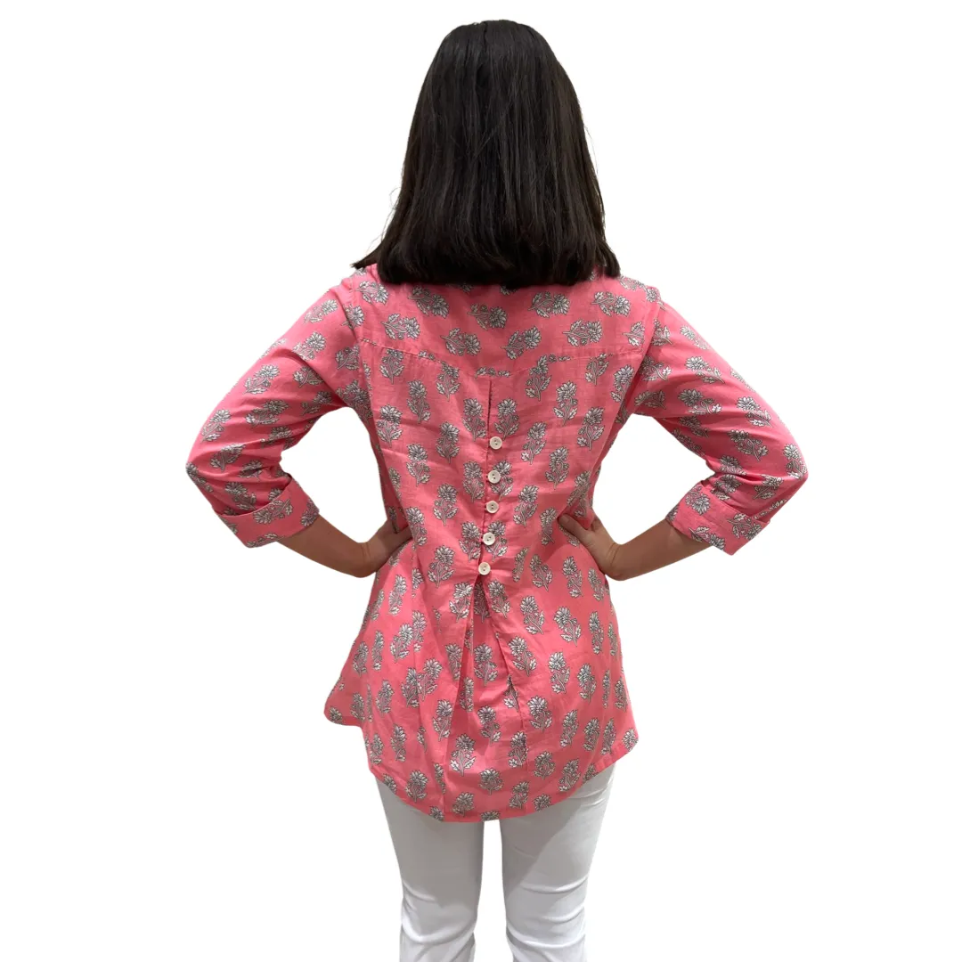 The Mason Button Back Top in Salmon Floral