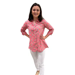 The Mason Button Back Top in Salmon Floral