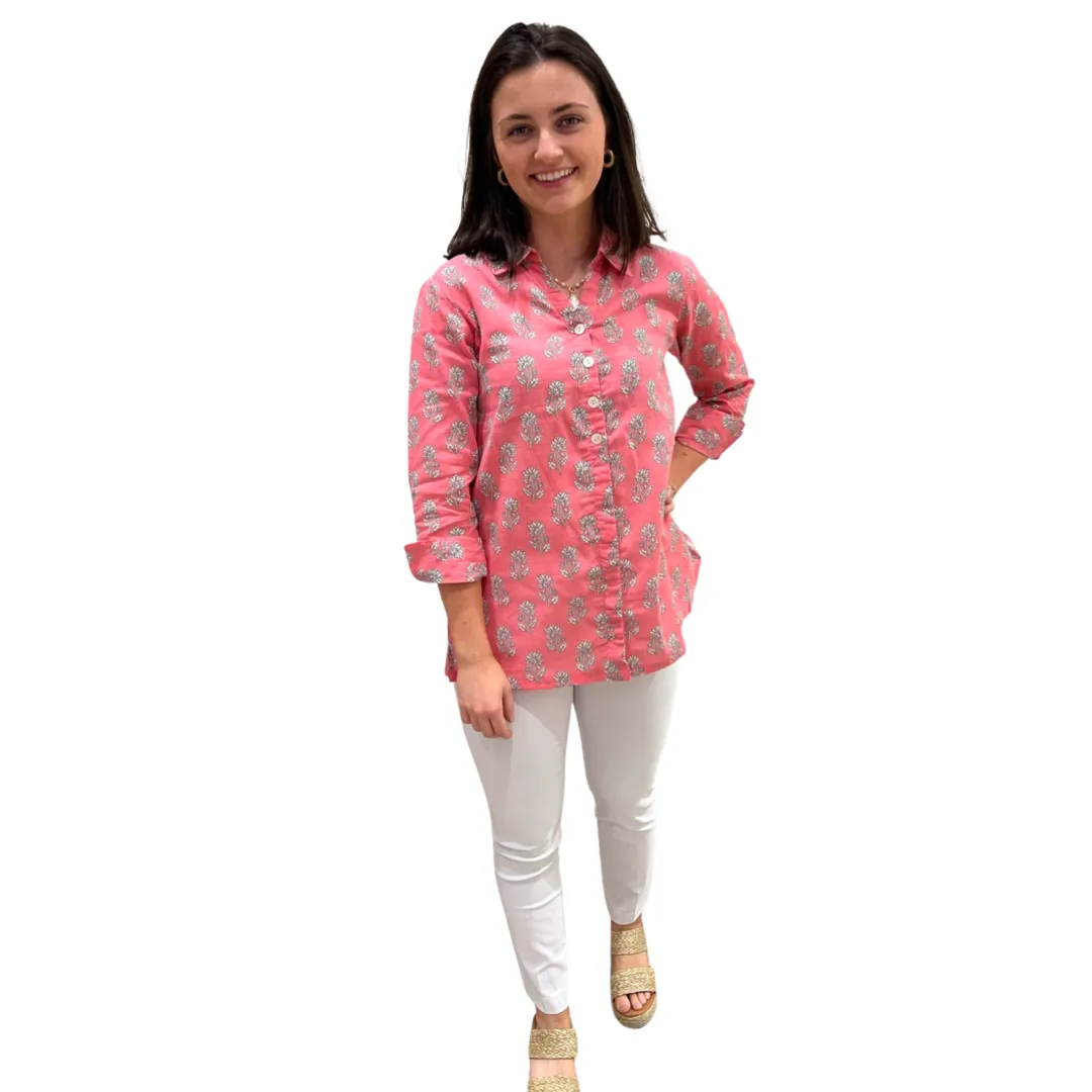 The Mason Button Back Top in Salmon Floral