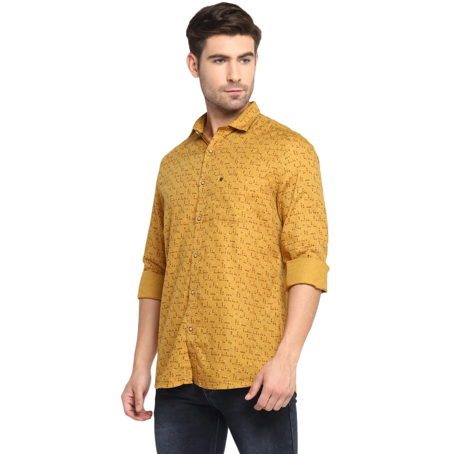 Turtle Men Dark Yellow Cotton Printed Slim Fit Shirts