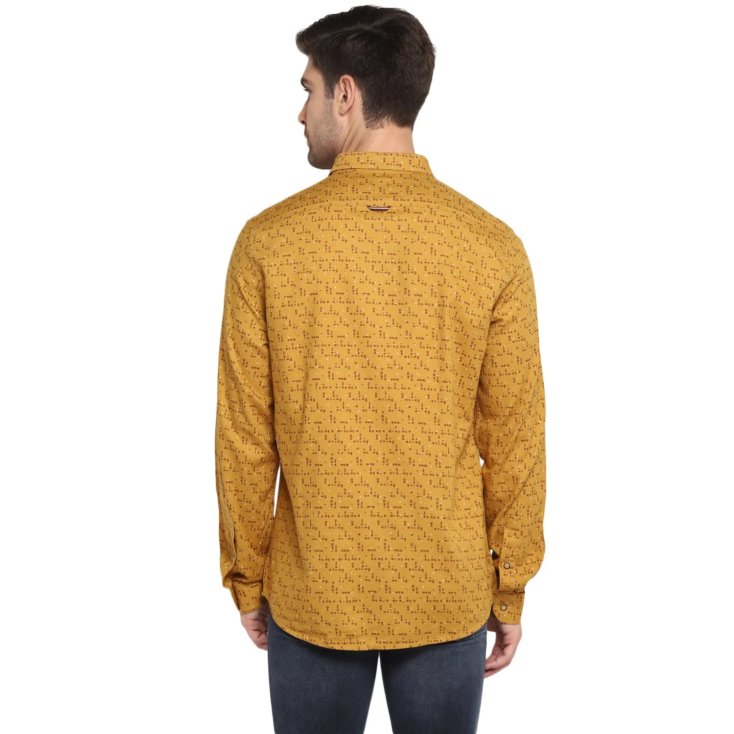 Turtle Men Dark Yellow Cotton Printed Slim Fit Shirts