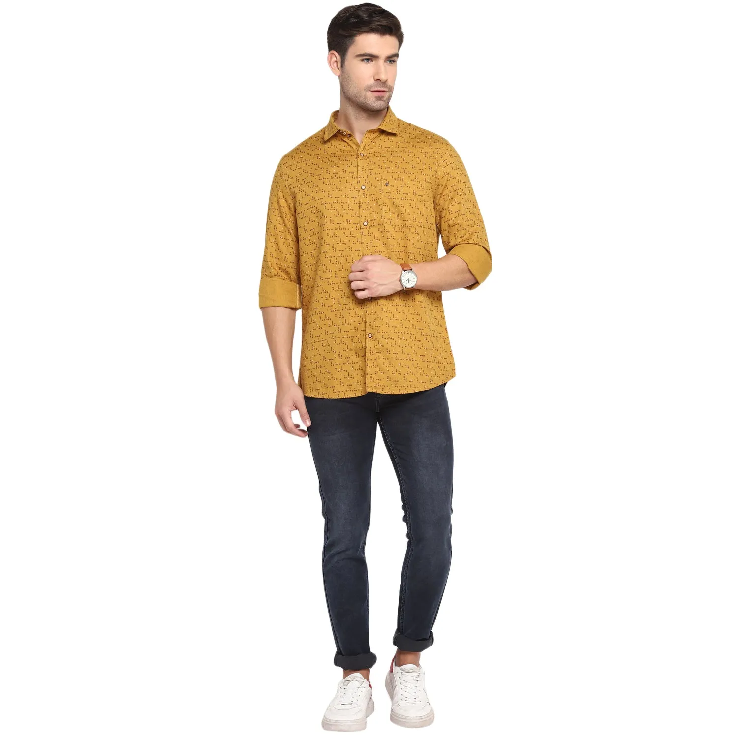 Turtle Men Dark Yellow Cotton Printed Slim Fit Shirts