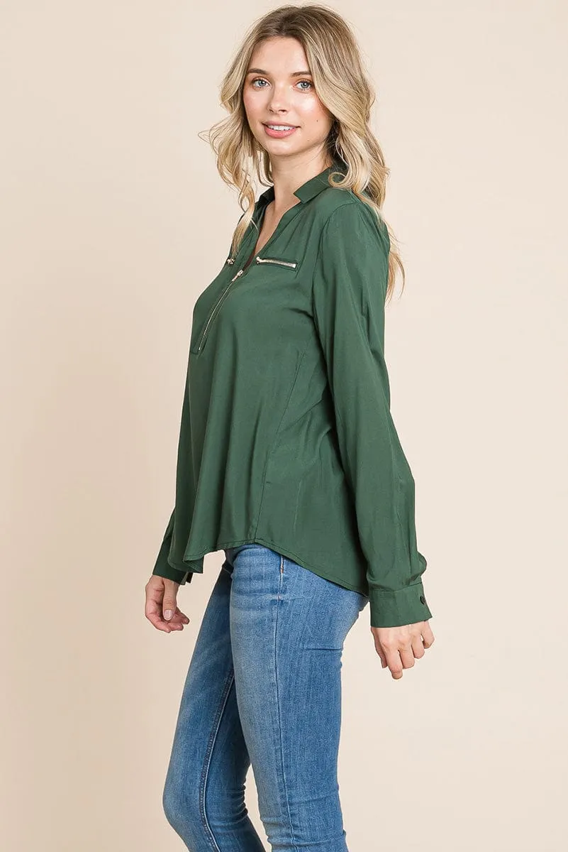 V neck Front Zip up Long Sleeve Top