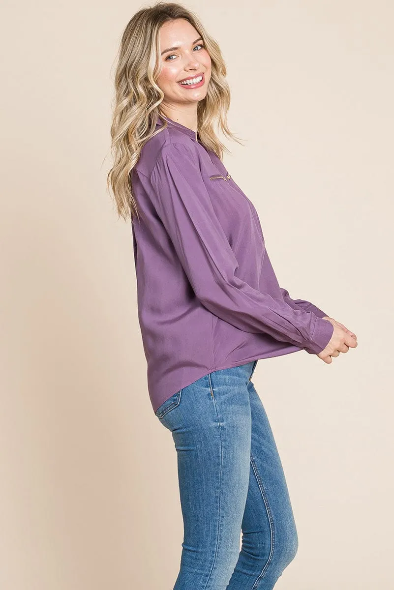 V neck Front Zip up Long Sleeve Top