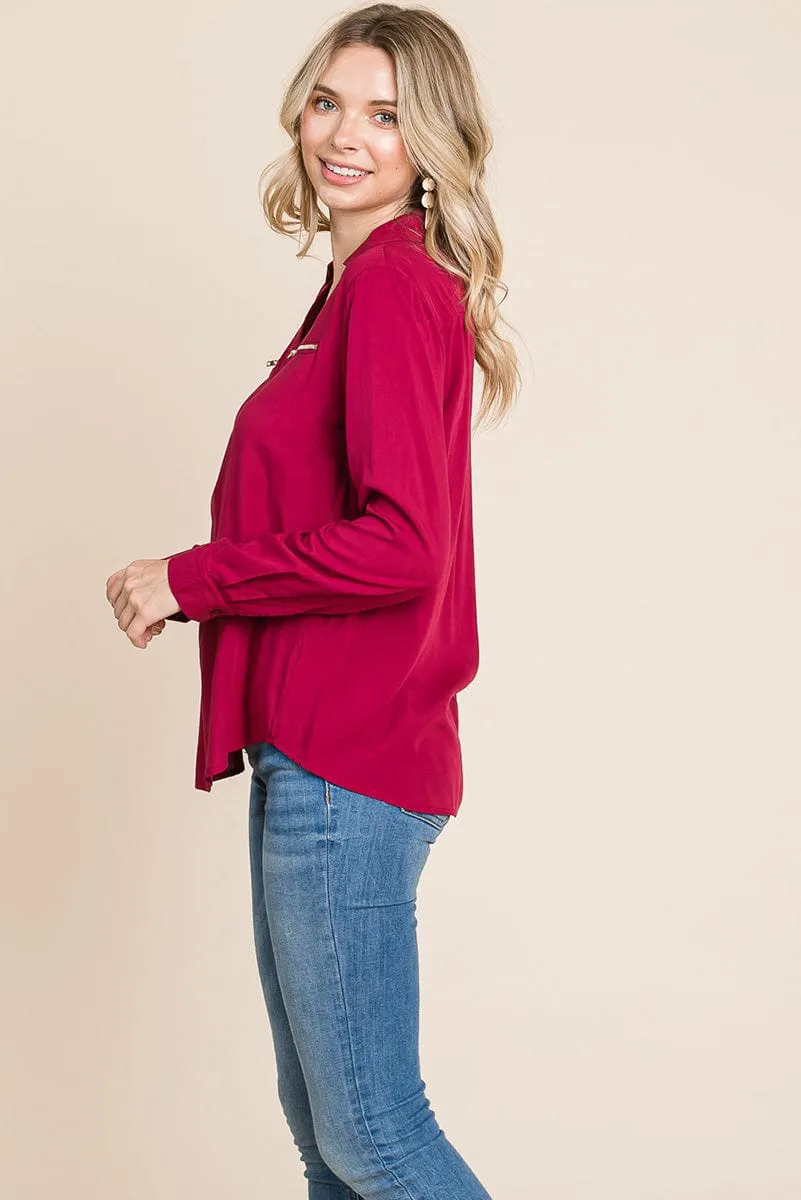 V neck Front Zip up Long Sleeve Top
