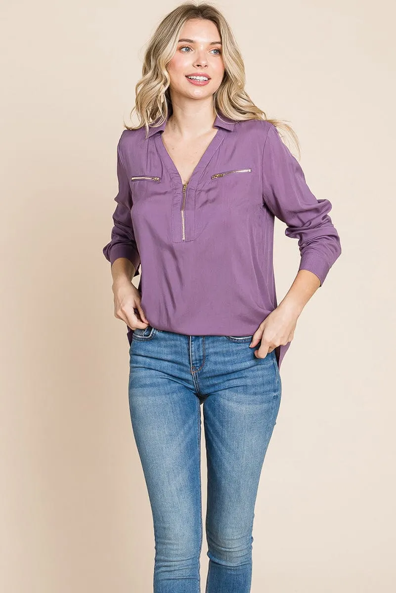V neck Front Zip up Long Sleeve Top