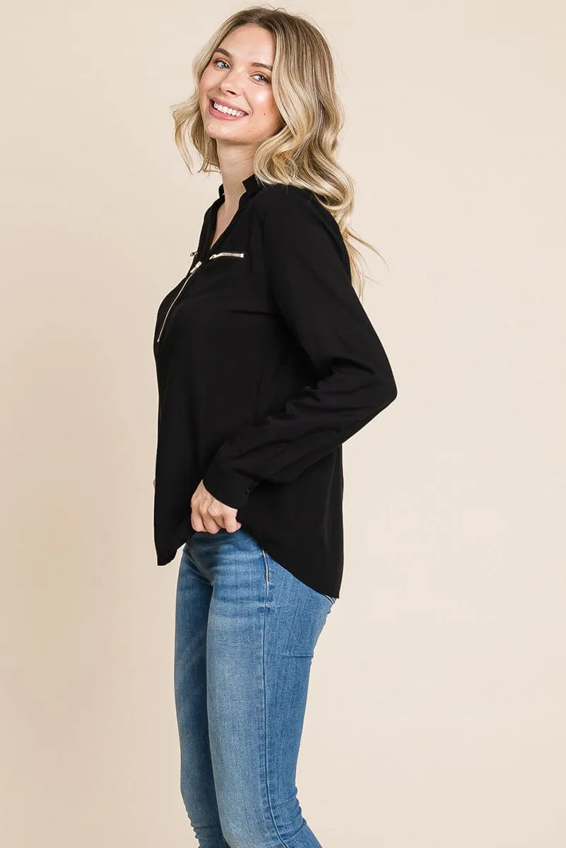 V neck Front Zip up Long Sleeve Top