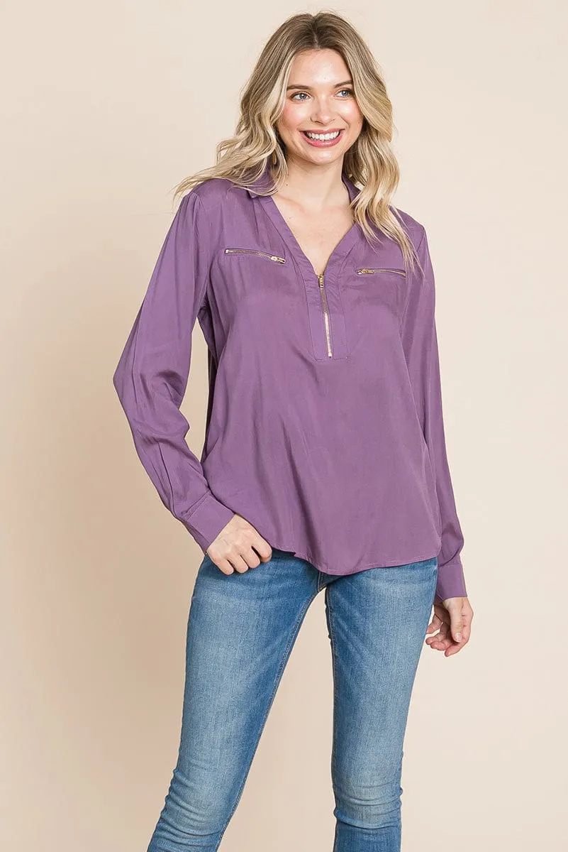 V neck Front Zip up Long Sleeve Top