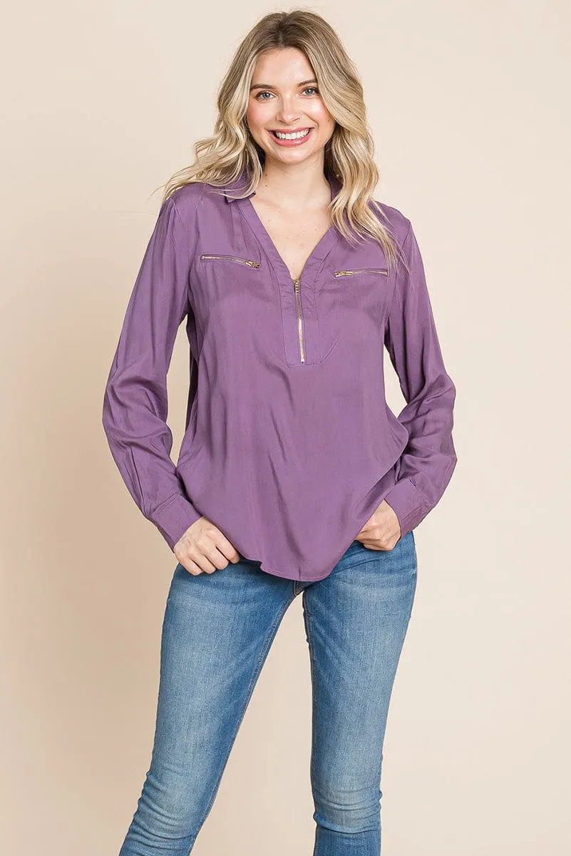 V neck Front Zip up Long Sleeve Top