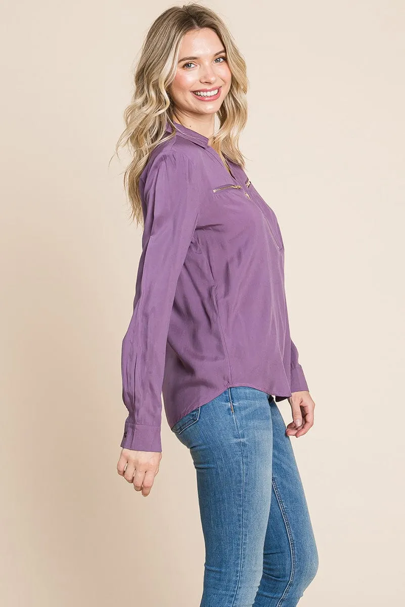 V neck Front Zip up Long Sleeve Top