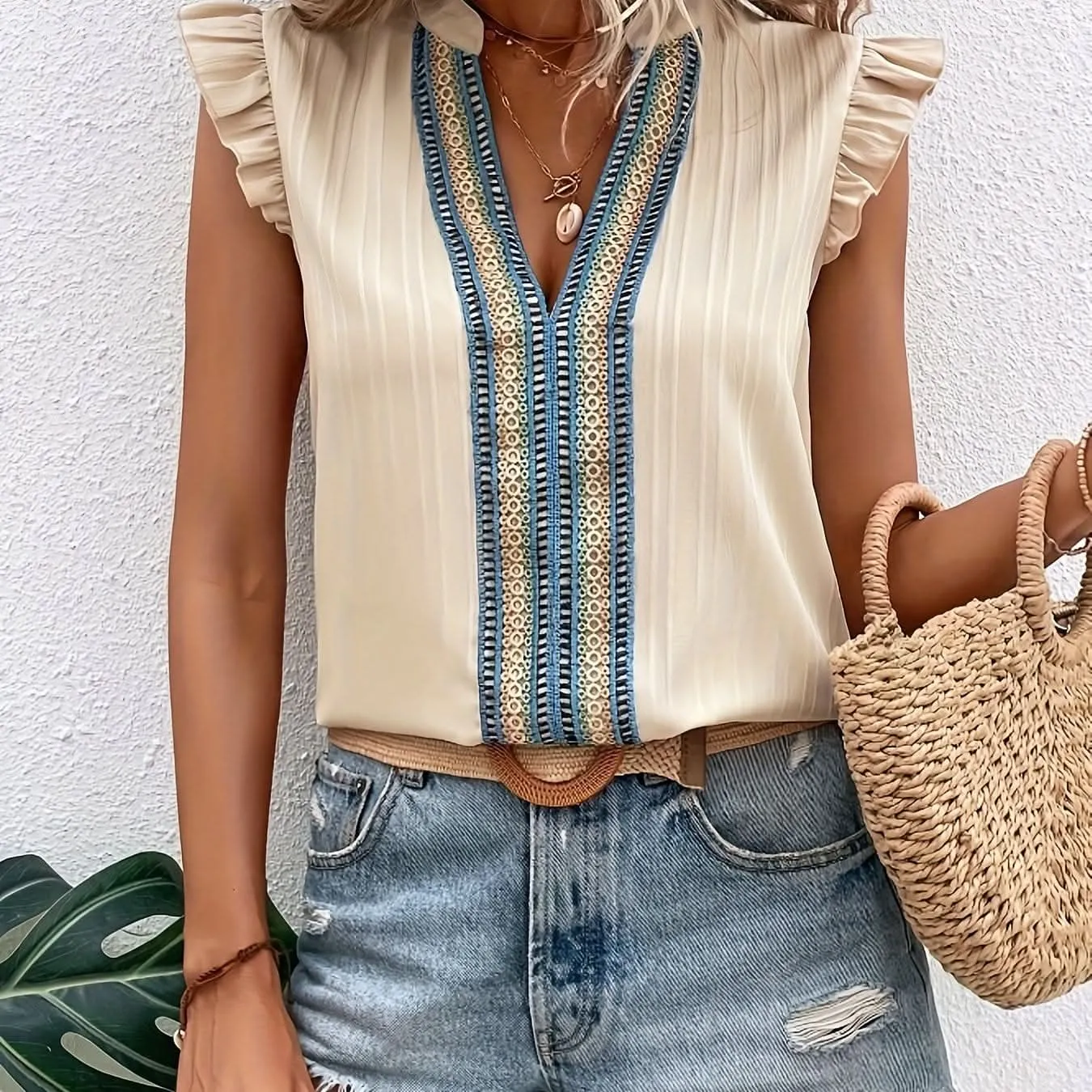 Vibrant Sleeveless Lace Trim Ruffle Blouse  Womens Fashion
