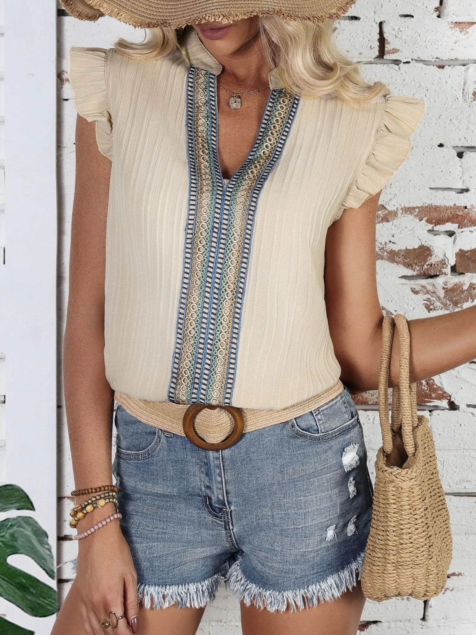 Vibrant Sleeveless Lace Trim Ruffle Blouse  Womens Fashion