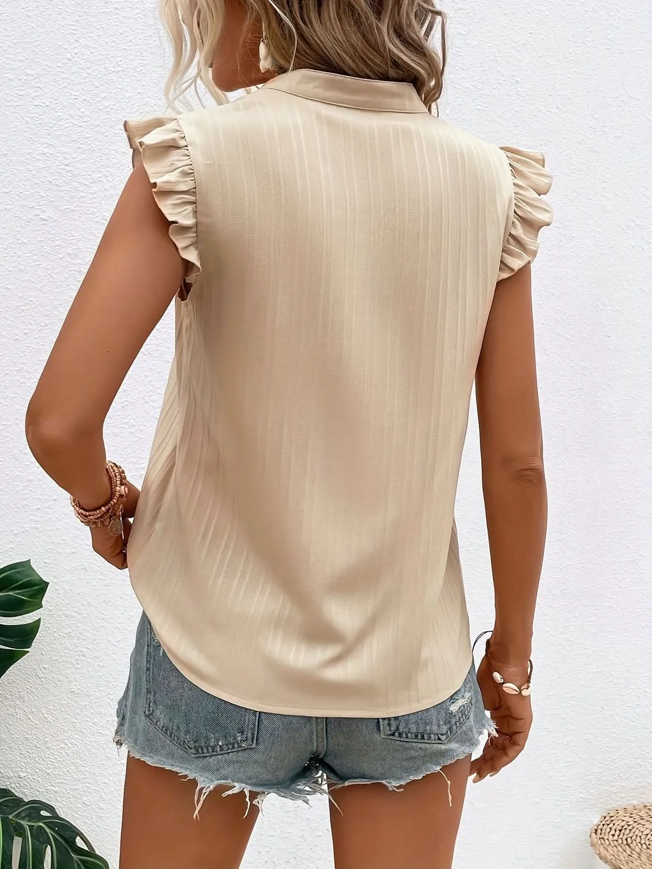 Vibrant Sleeveless Lace Trim Ruffle Blouse  Womens Fashion
