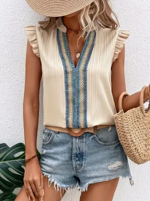 Vibrant Sleeveless Lace Trim Ruffle Blouse  Womens Fashion