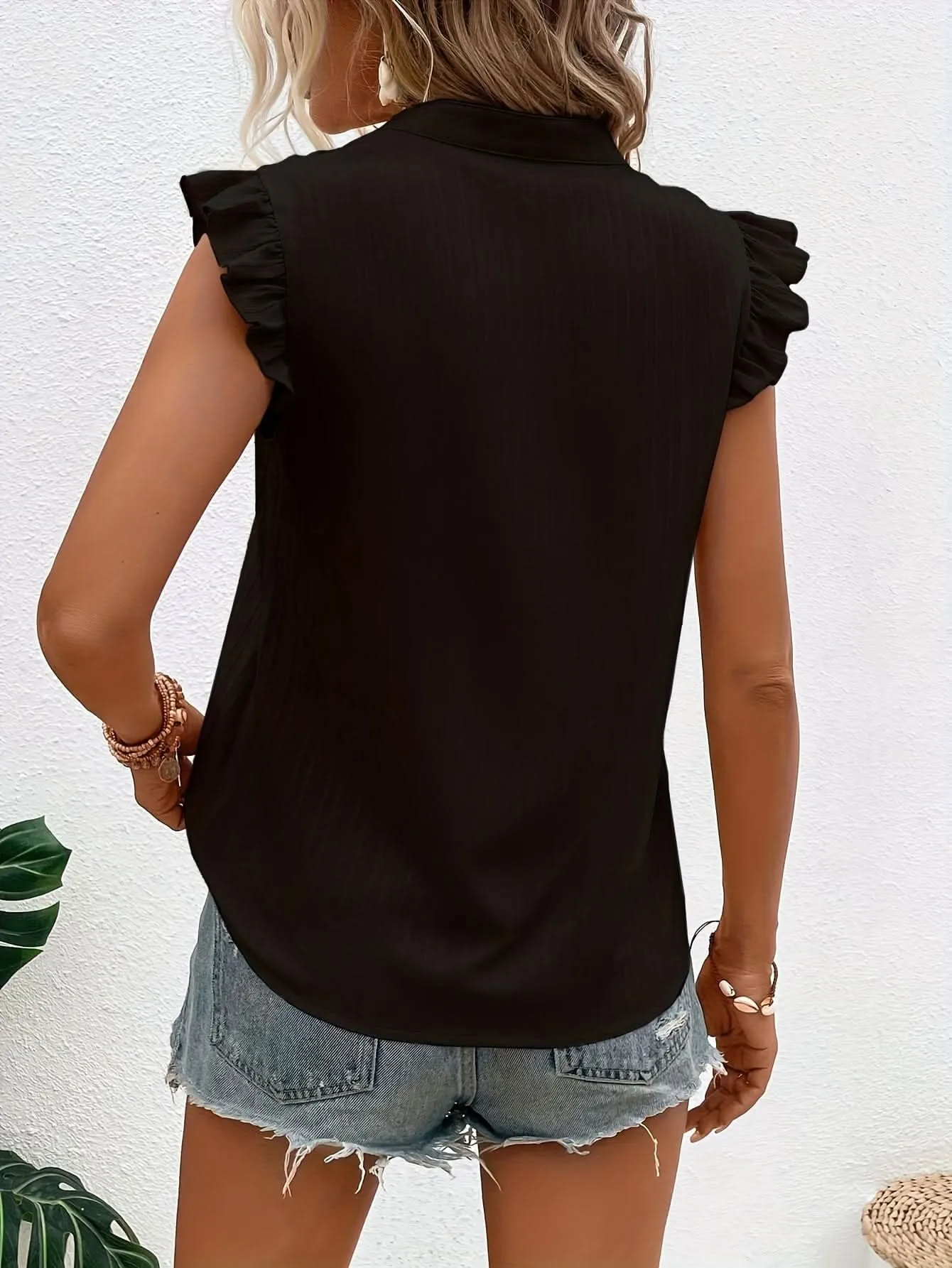 Vibrant Sleeveless Lace Trim Ruffle Blouse  Womens Fashion