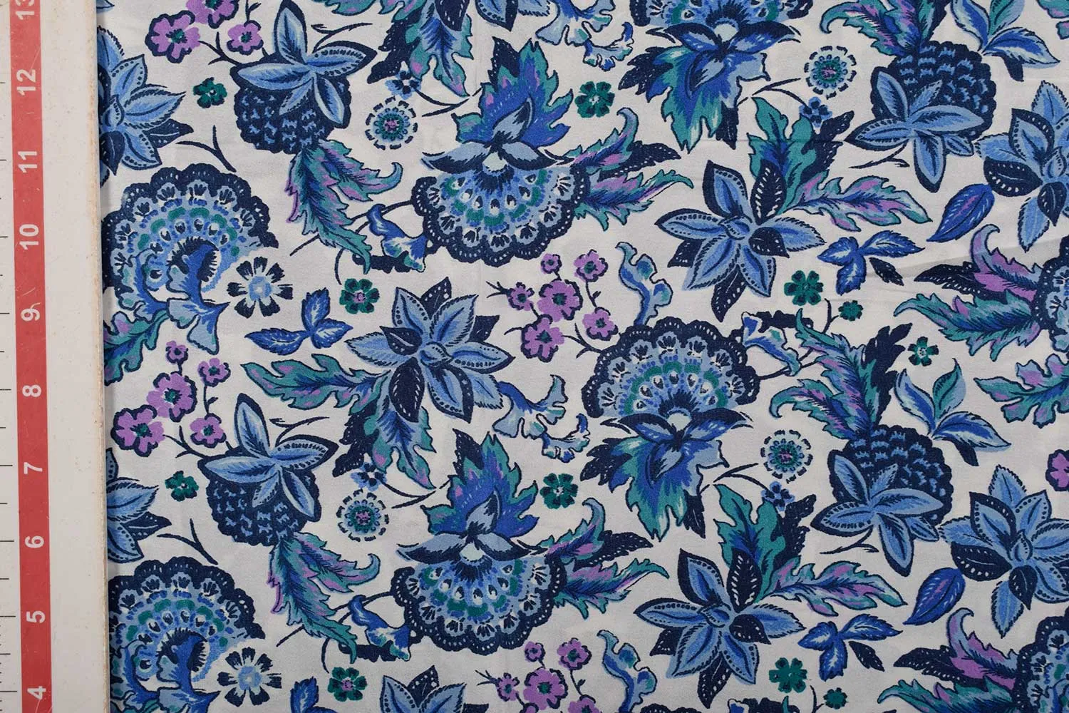 White & Blue Printed Satin Fabric