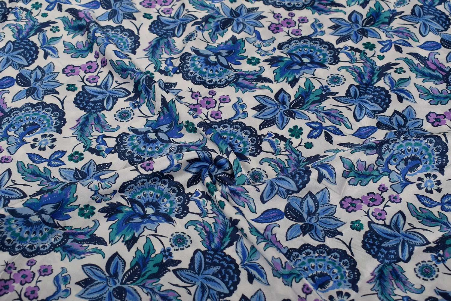 White & Blue Printed Satin Fabric