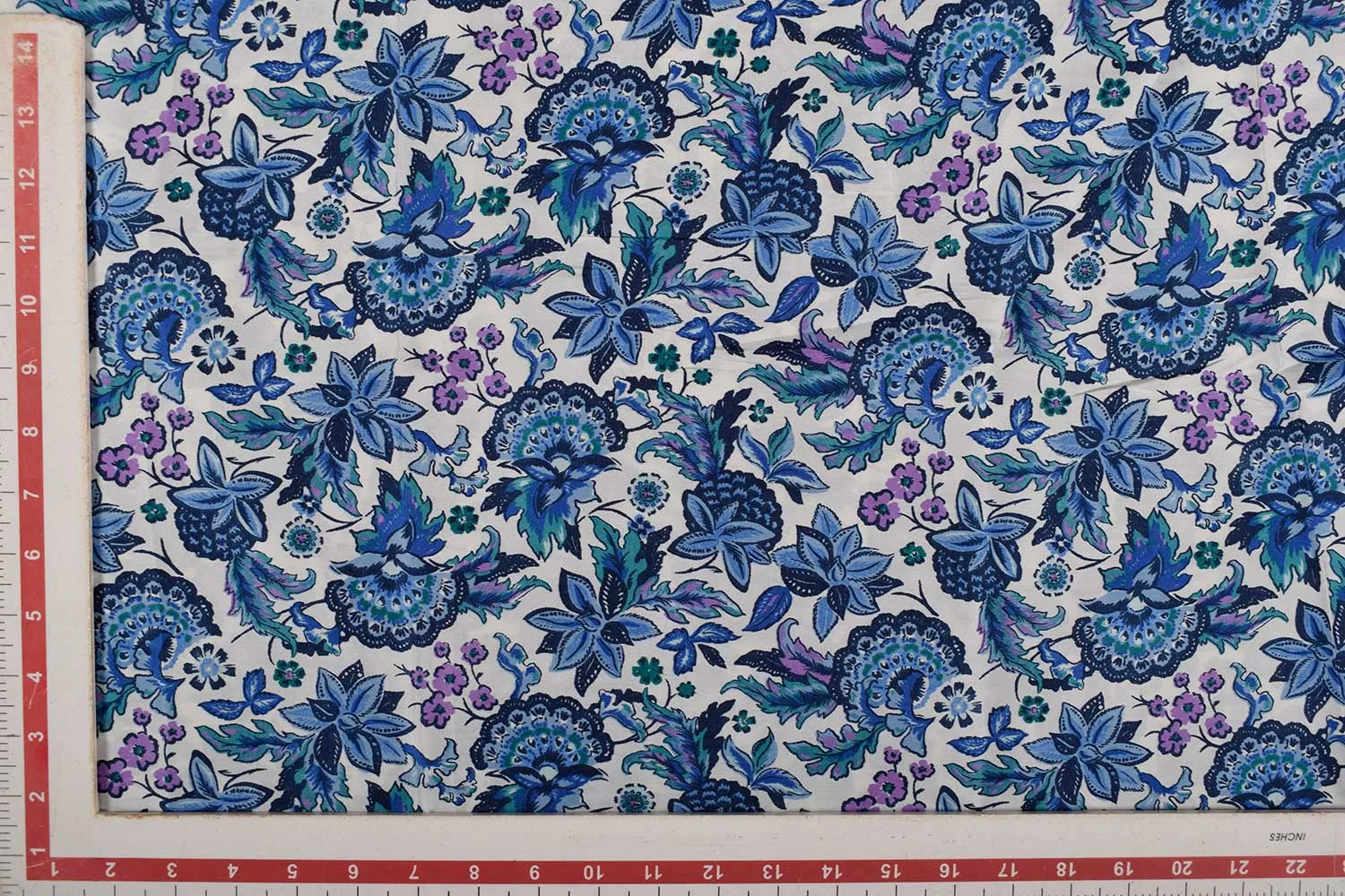 White & Blue Printed Satin Fabric