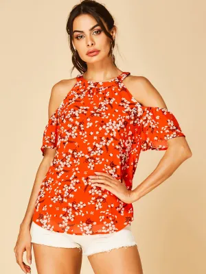 Wholesale Halter Cold Shoulder Pleated Short Sleeve Orange Blouses