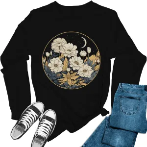 Women's Cottagecore Moon Flower Long Sleeve Graphic Tees