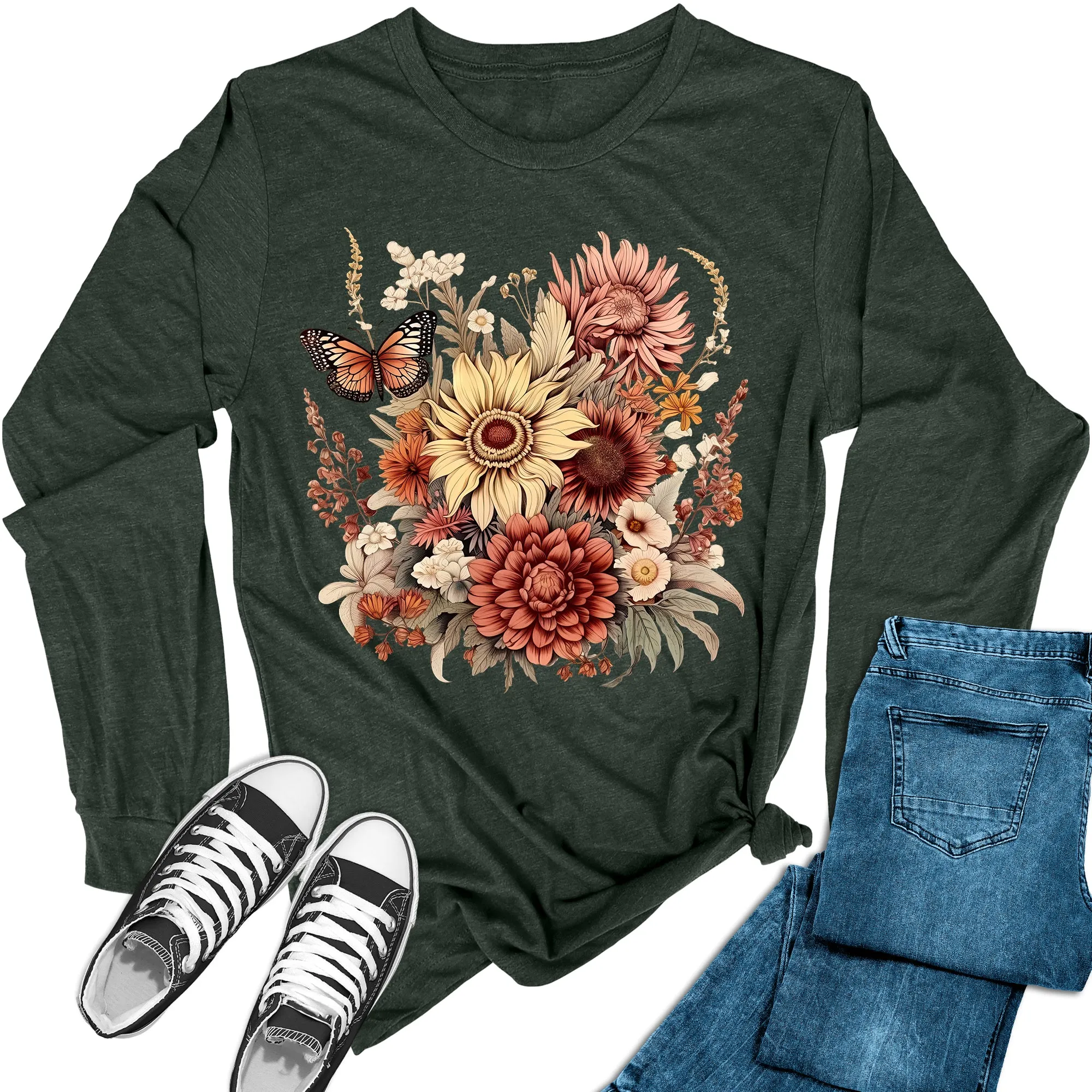 Women's Fall Flowers Long Sleeve Graphic Tees