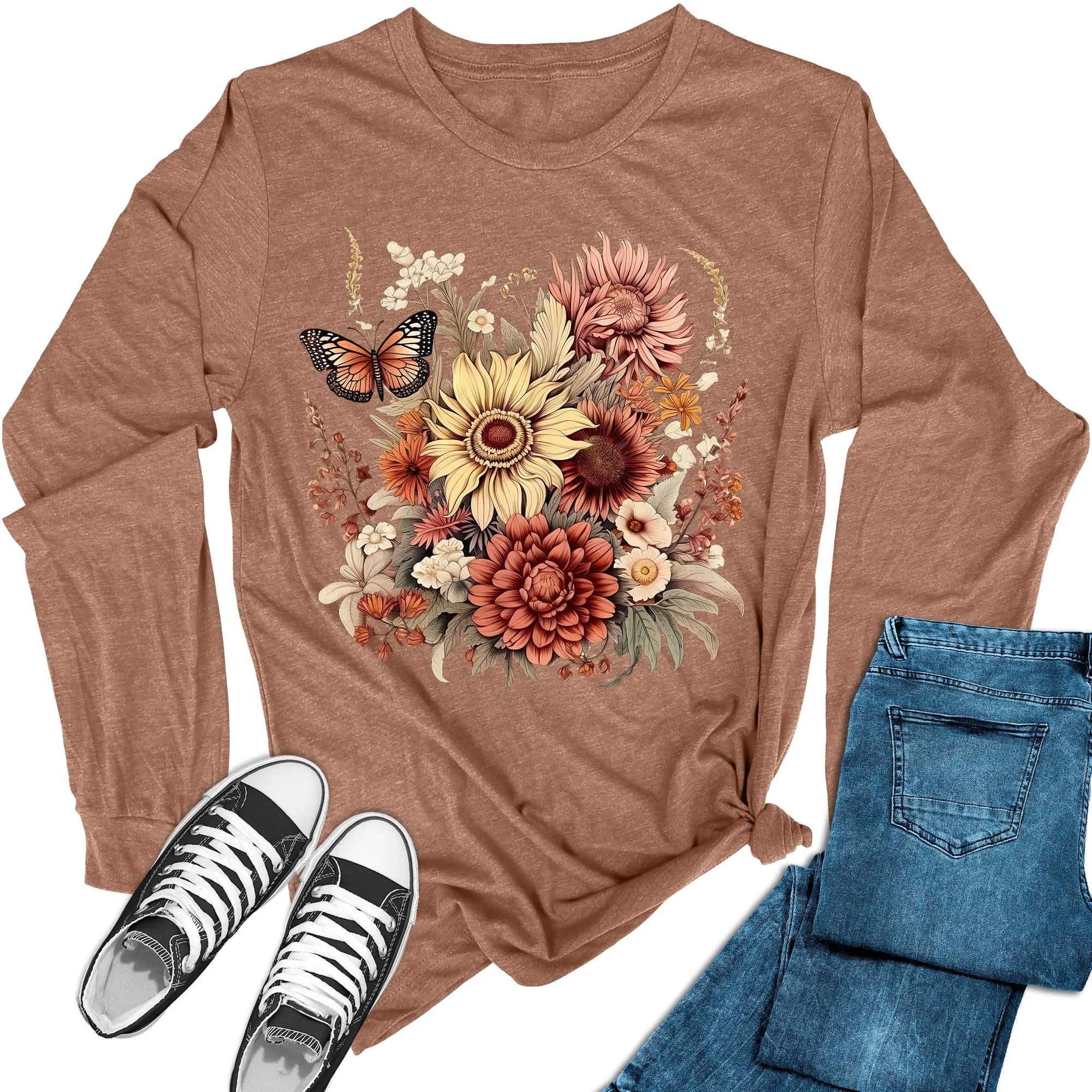 Women's Fall Flowers Long Sleeve Graphic Tees