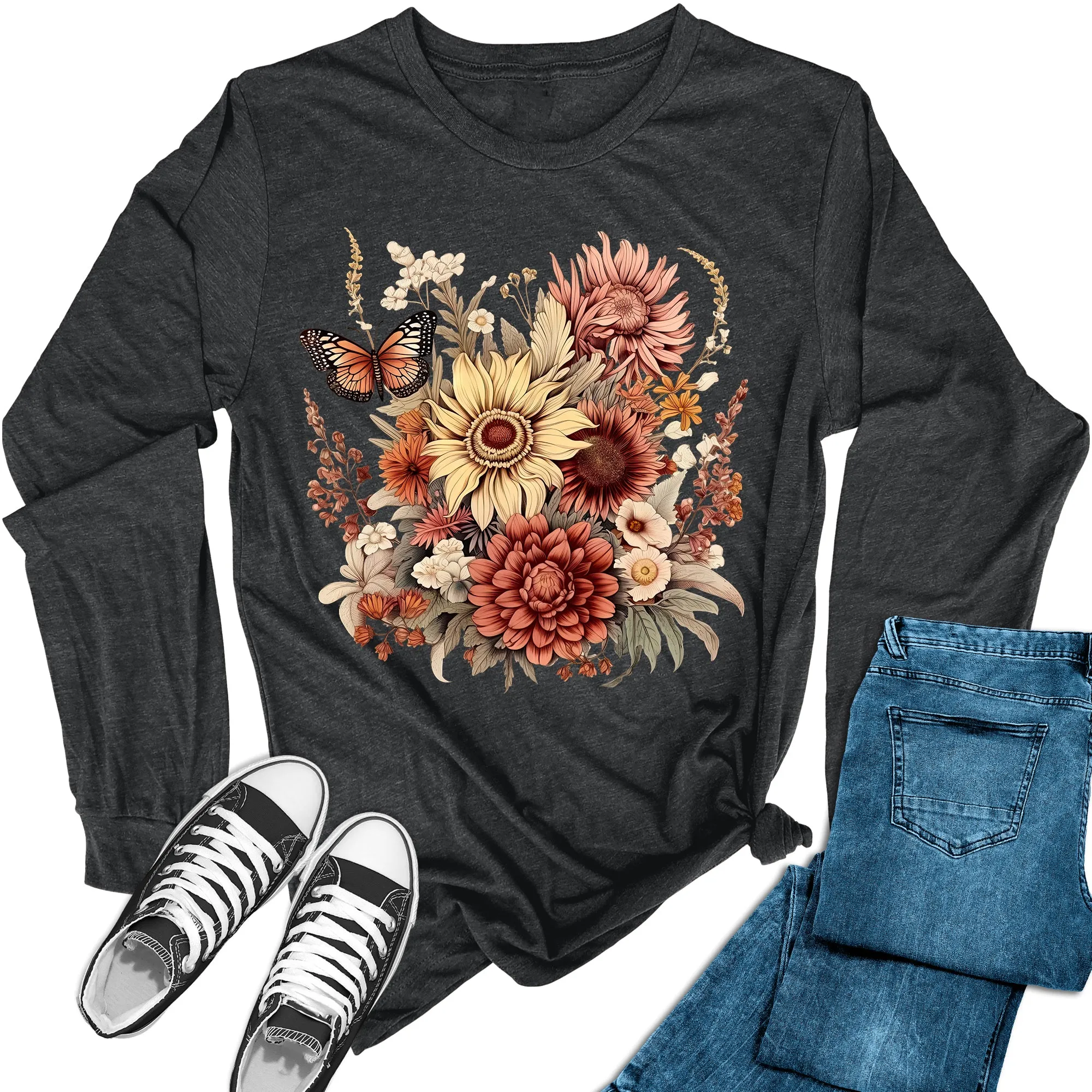 Women's Fall Flowers Long Sleeve Graphic Tees