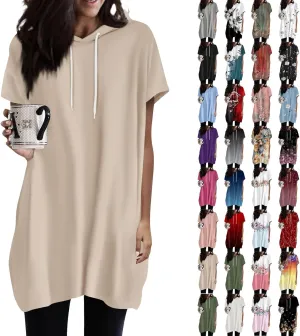 Womens Hooded Tops Casual Loose Fit Short Sleeve Shirts for Leggings Spring Fashion Tunic Tops with Pockets