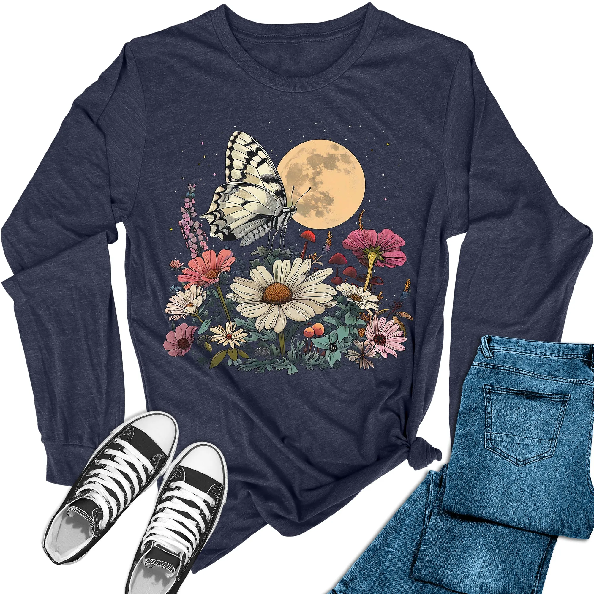 Women's Moon Floral Butterfly Long Sleeve Graphic Tees