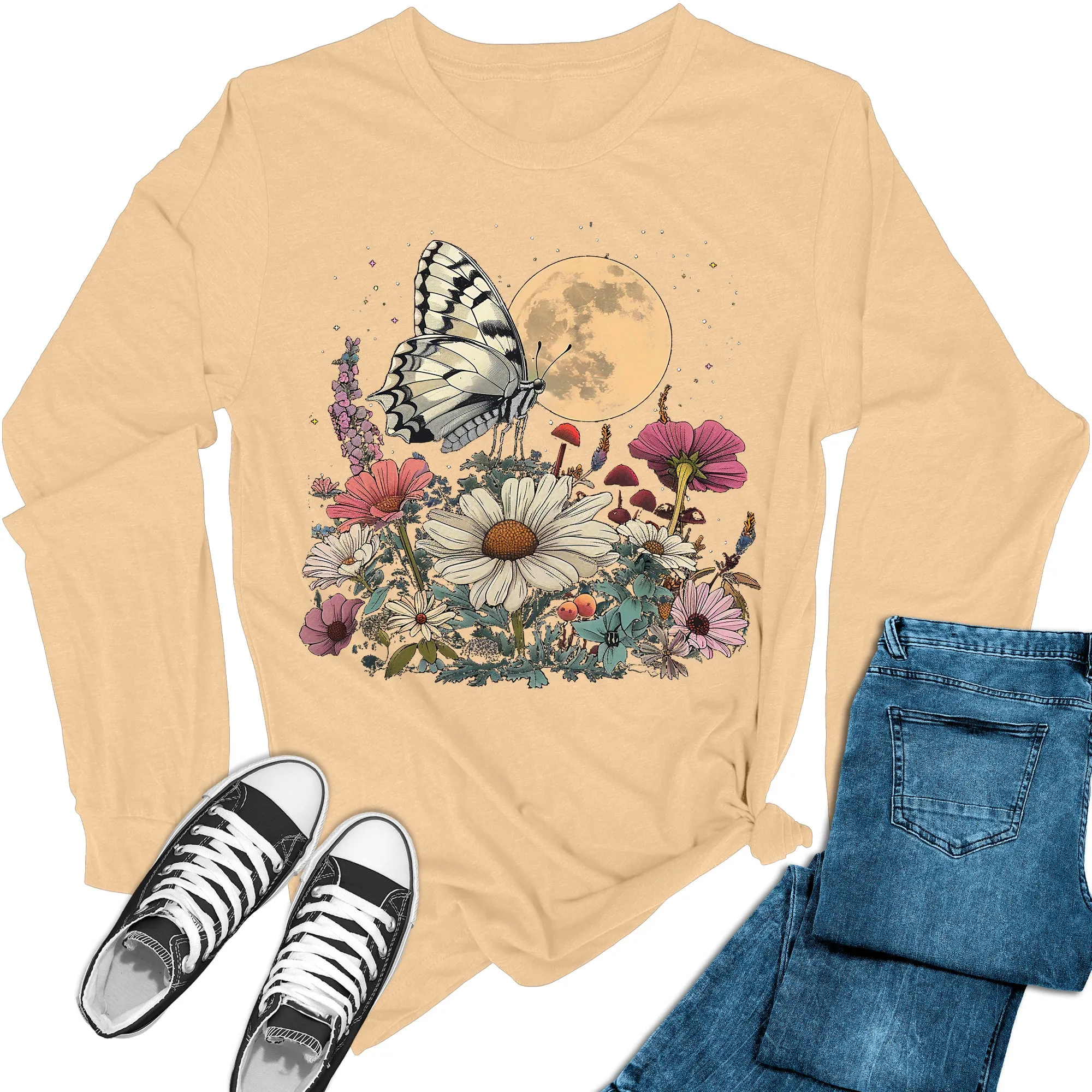 Women's Moon Floral Butterfly Long Sleeve Graphic Tees