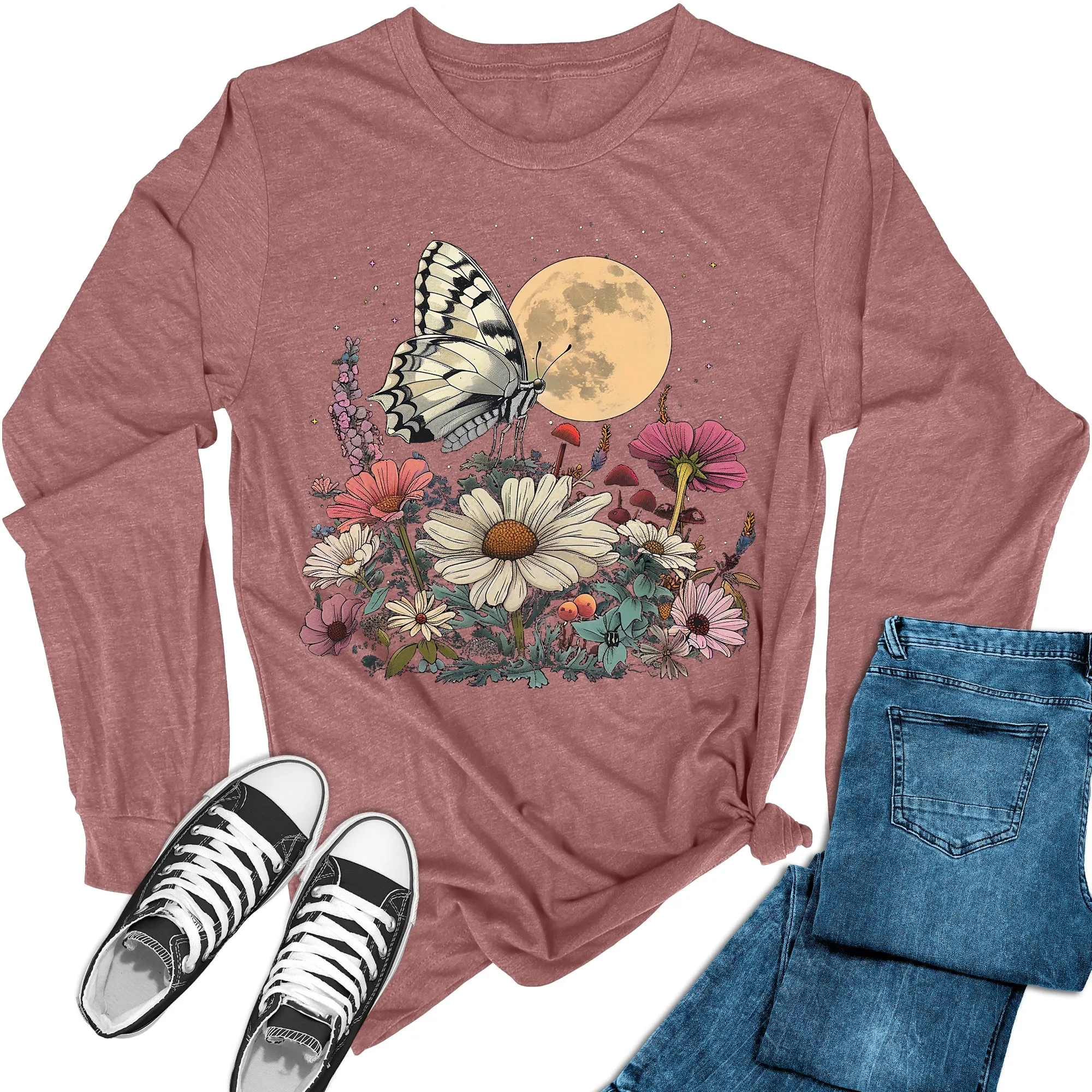 Women's Moon Floral Butterfly Long Sleeve Graphic Tees