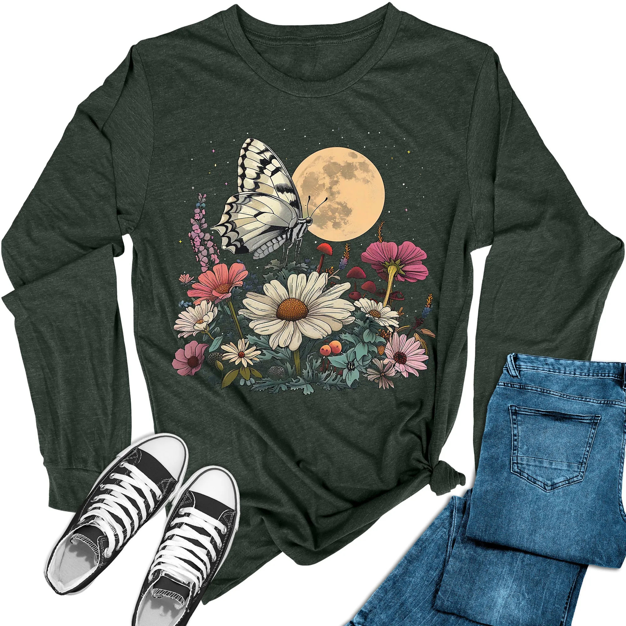 Women's Moon Floral Butterfly Long Sleeve Graphic Tees